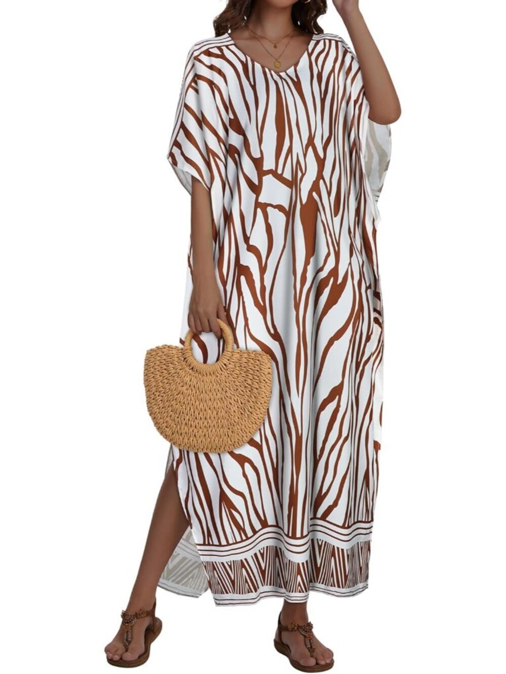 〽️Women's Beige Wave Stripe Plus Size V Neck Caftan Long Batwing Sleeve Cover Up